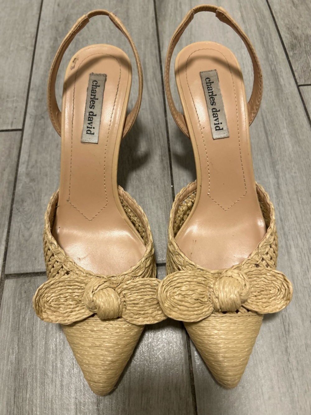 Charles David Natural Raffia Pointed Bow Slingback Heels